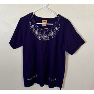 Vintage Unik Shirt Embroidered Floral Womens Size Large Short Sleeve Purple